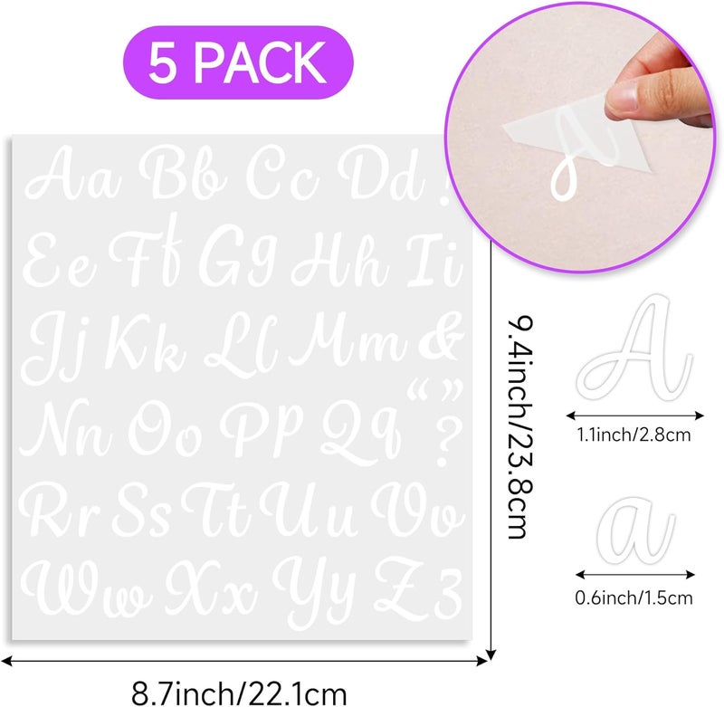 LUHIMO 5 Sheets 285 Pieces Iron On Letters for Clothing, 1 Inch White Heat Transfer Vinyl Letters, Iron On Cursive Upper & Lowercase Alphabets Decals with A-Z for Backpack，Jerseys，Fabric T-Shirts DIY - Image 2